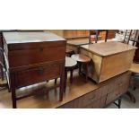 A sewing cabinet together with two footstools and a small coffer