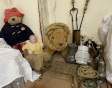 An Armand Marseille bisque head doll, together with a Paddington Bear, Lion teddy, Rabbit teddy,