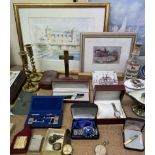 A brass cross, together with brass candlesticks, oil lamp, watches, pens, plates,