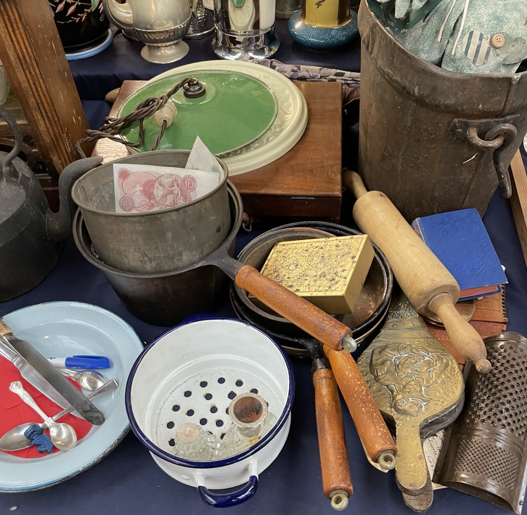 Enamel jugs, together with storage bins, teapot, clock, saucepans, - Image 2 of 4