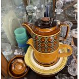 A Hornsea pottery tea pot together with a glass decanter, glass vases,