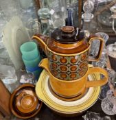 A Hornsea pottery tea pot together with a glass decanter, glass vases,