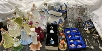 A collection f Royal Doulton figures of Ladies together with miniature ladies, Hummel figures,