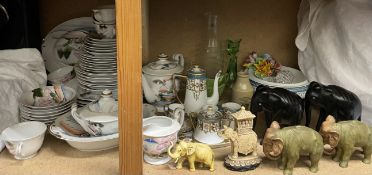 A Japanese part tea and dinner set together with a Noritake bachelor set, pottery elephants,