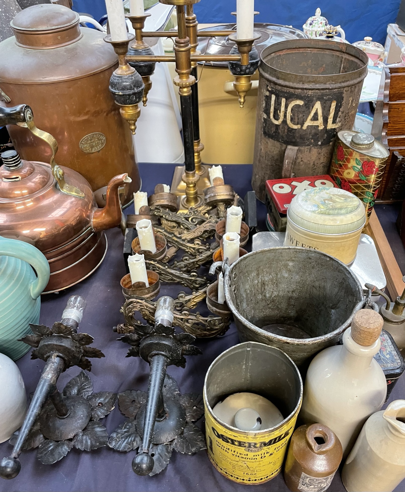 A copper twin handled storage jar together with table lamps,. - Image 2 of 5