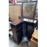 A 20th century oak corner display cabinet together with a fire screen and an oak back stool