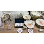 A Minton part dinner set together with a Limoges floral decorated part dessert set, glass bowls,