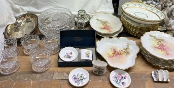 A Minton part dinner set together with a Limoges floral decorated part dessert set, glass bowls,