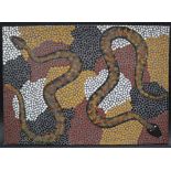 Marilyn Kuman Liru Kutjara Two poisonous snakes Acrylic on board 25 x 35.