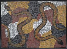 Marilyn Kuman Liru Kutjara Two poisonous snakes Acrylic on board 25 x 35.