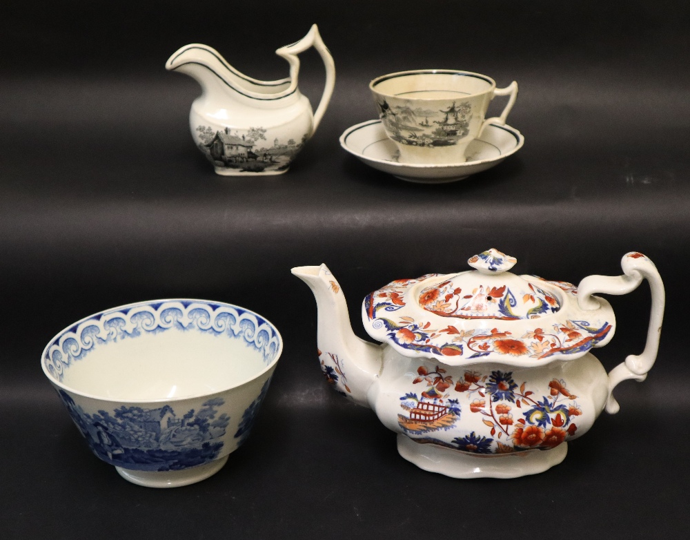 A Llanelly pottery Amherst Japan pattern teapot together with a Swansea blue and white Ladies with
