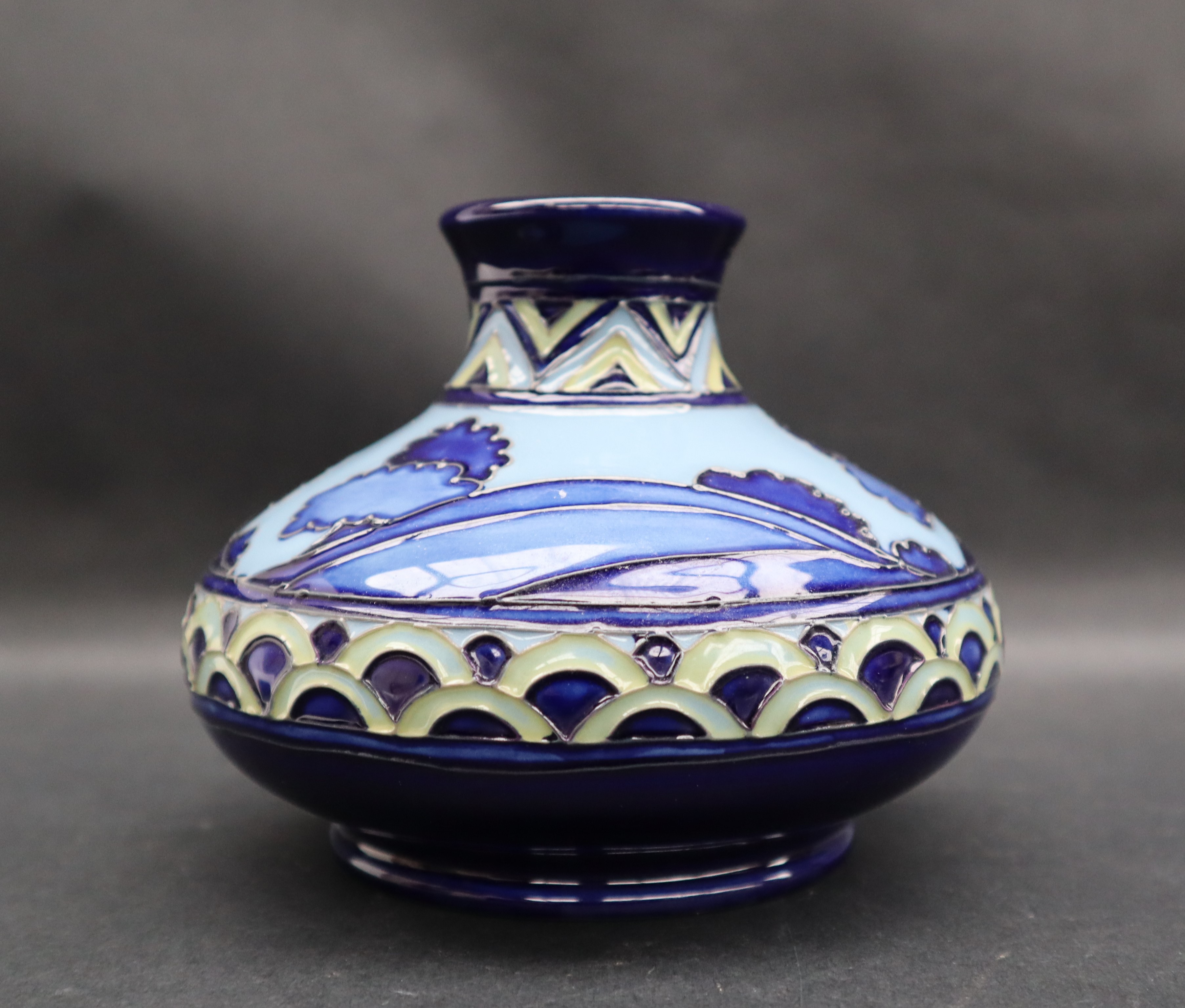A Moorcroft pottery Second Dawn squat vase with a blue ground, impressed mark, dated 2012, - Image 4 of 6