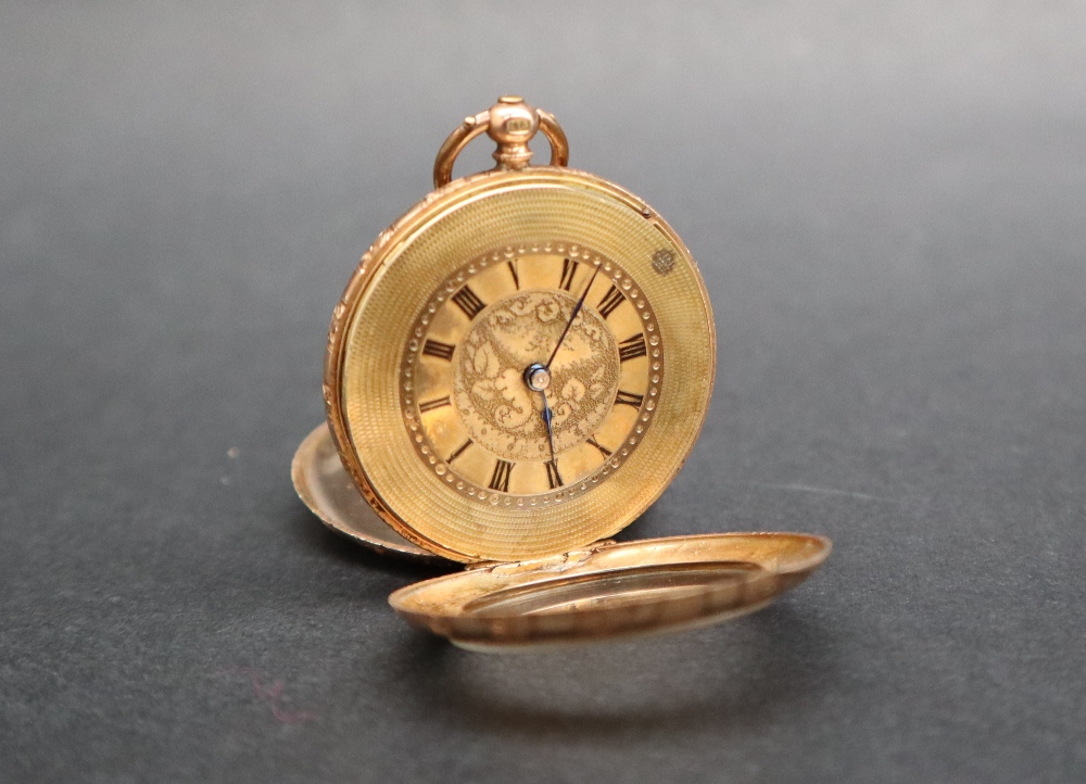 A 14k yellow gold fob watch, the case with a fan design and an initialled shield, - Image 4 of 7
