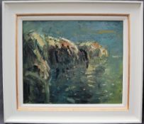 Gareth Parry Mor a chreigiau, Goleuwyrch Sea and Cliffs, afterglow Oil on canvas 50 x 60cm Signed,