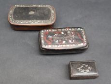 A 19th century papier mache mother of pearl inlaid snuff box,
