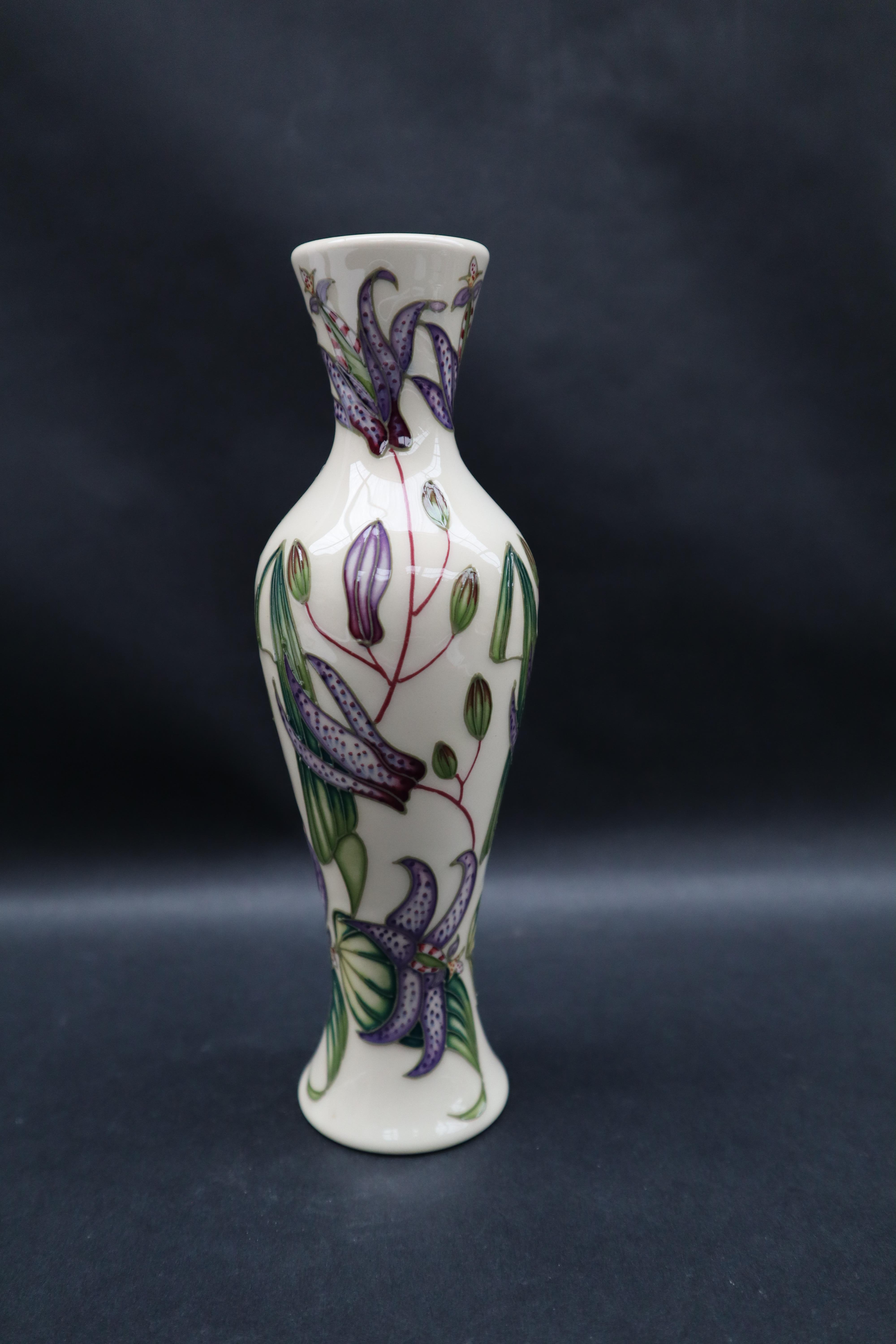 A Moorcroft pottery vase of baluster form decorated with purple tiger lilies, impressed marks, - Image 3 of 6