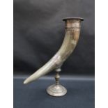 A horn cornucopia mounted with an electroplated top and collar on a vase column and spreading foot,