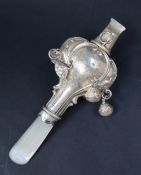 A George V silver and mother of pearl baby's rattle,