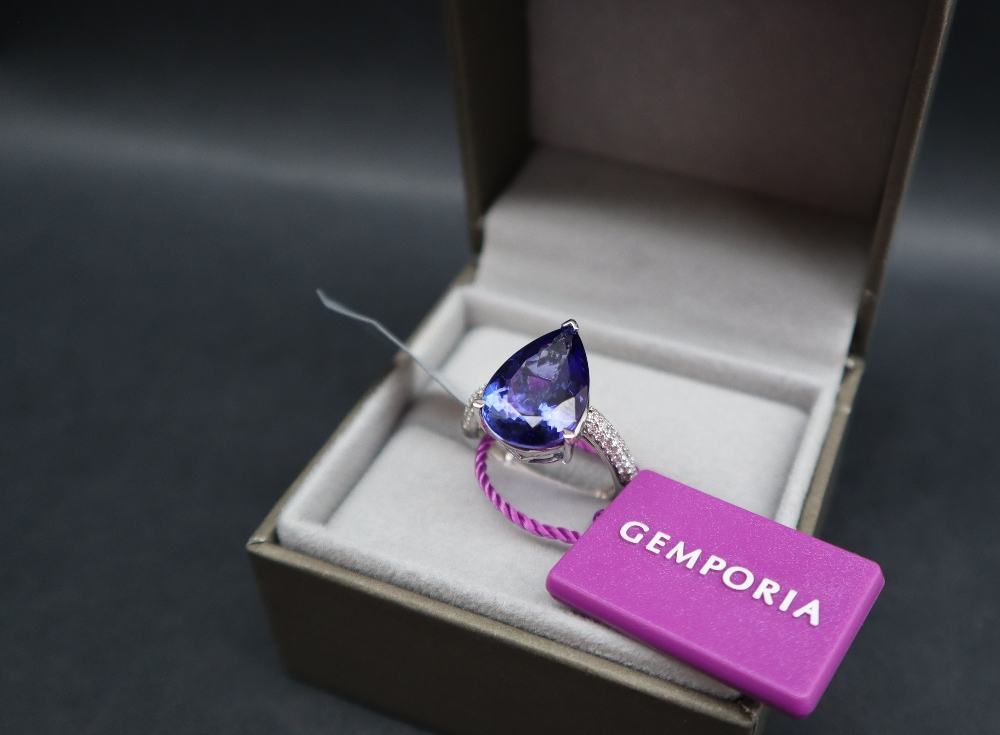 Gemporia - A 7.5cts pear shaped Tanzanite and diamond platinum Lorique ring, size N to O, metal 6.