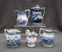 A Flo blue whampoa pattern pottery lidded jug together with four other pottery jugs