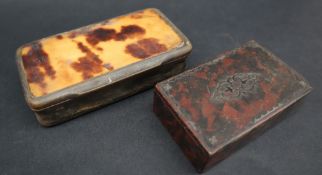 A tortoiseshell snuff box of rectangular form together with a marbled papier mache snuff box