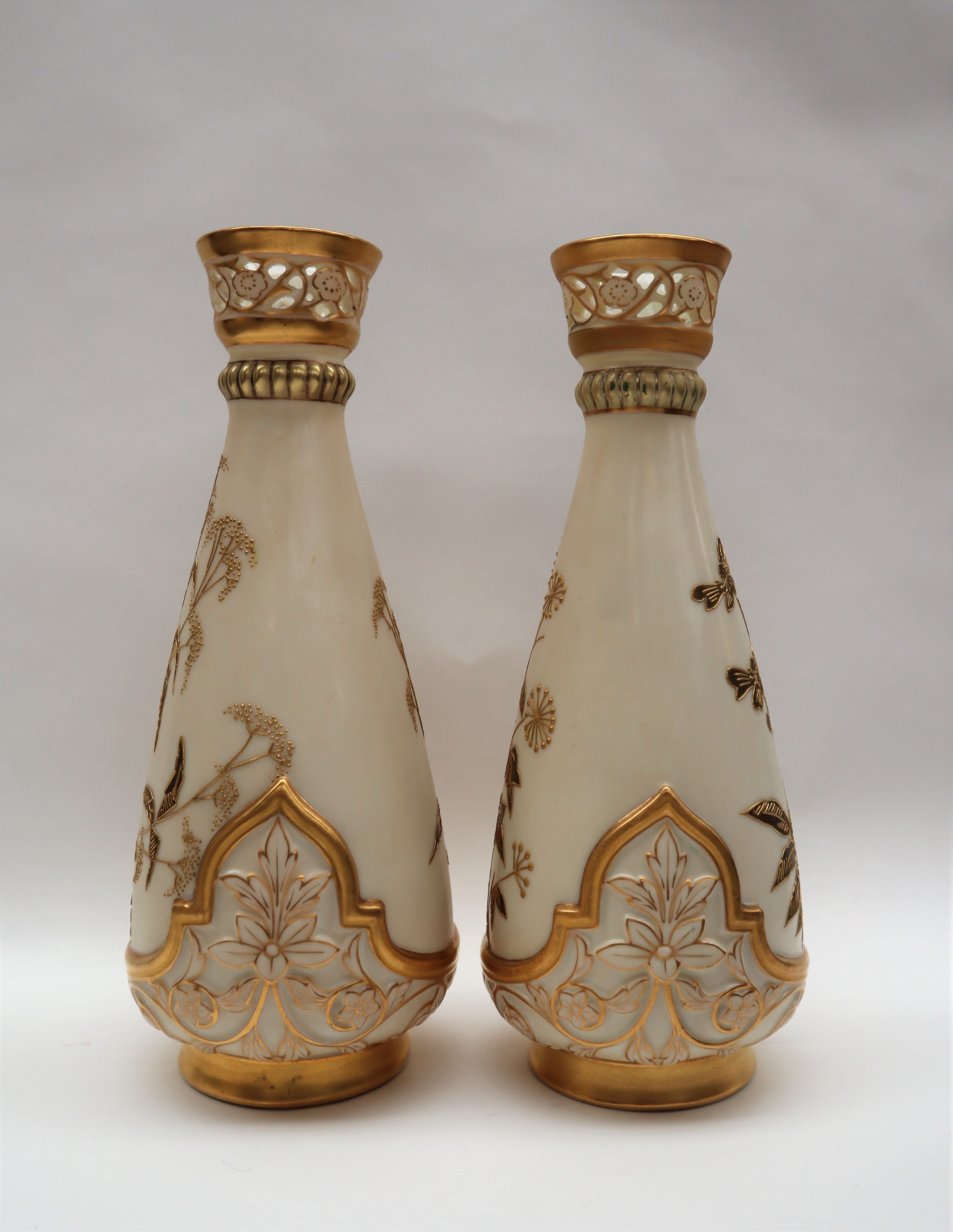 A pair of Royal Worcester porcelain vase with a pierced flared top above a tapering body decorated - Image 3 of 6