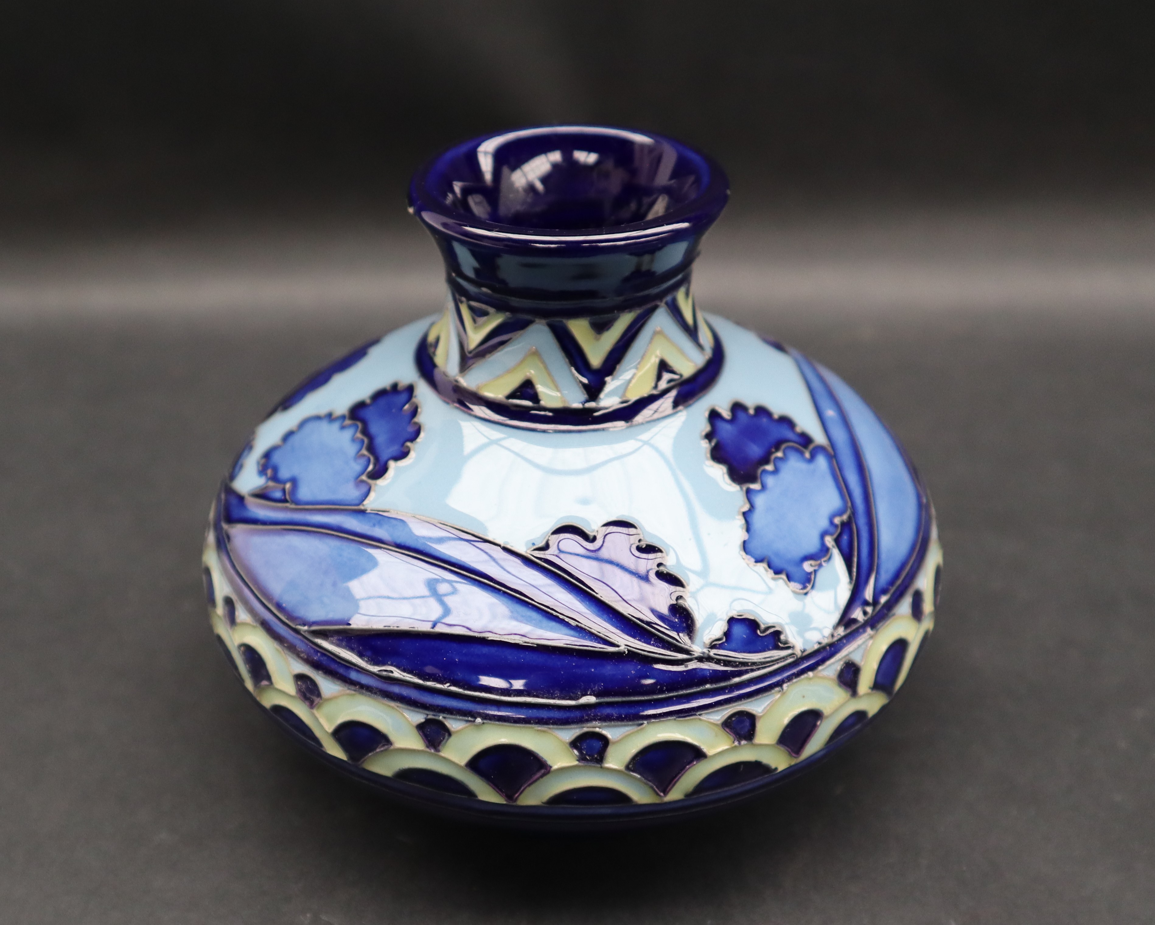 A Moorcroft pottery Second Dawn squat vase with a blue ground, impressed mark, dated 2012, - Image 3 of 6