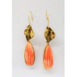 A pair of 18ct gold and coral drop earrings