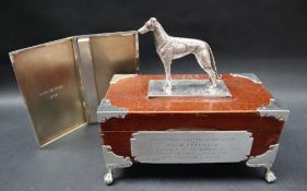 Boxing and Greyhound racing - a cigarette box, of rectangular form silver mounted with a greyhound,