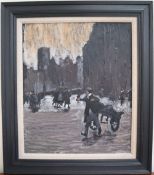 In the style of Sir Kyffin Williams London street scene Oil on canvas 50 x 60cm