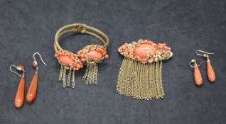 A simulated coral bracelet, brooch,