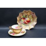 A Royal Worcester cabinet cup and saucer painted with a pink rose and rose buds,