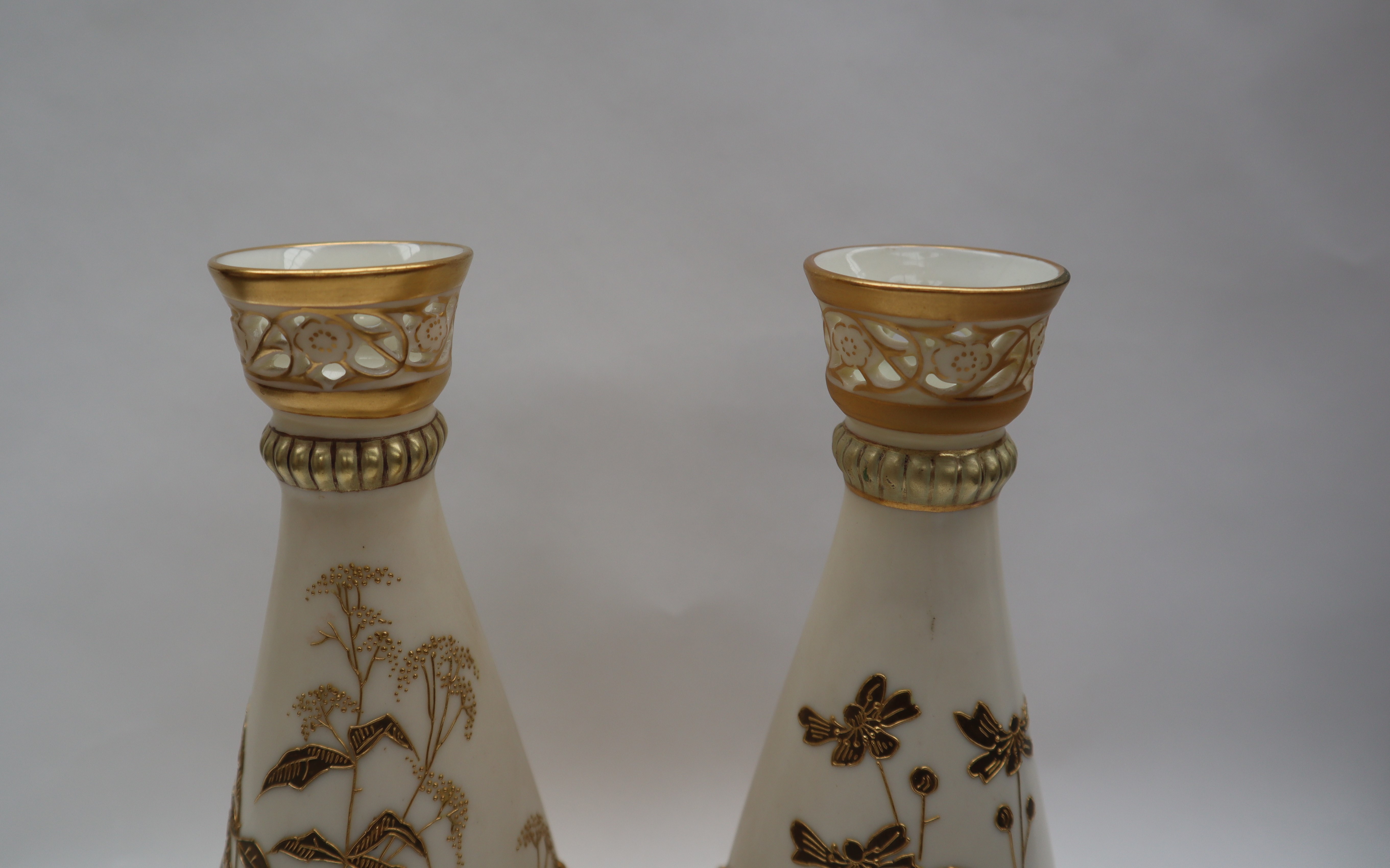 A pair of Royal Worcester porcelain vase with a pierced flared top above a tapering body decorated - Image 2 of 6