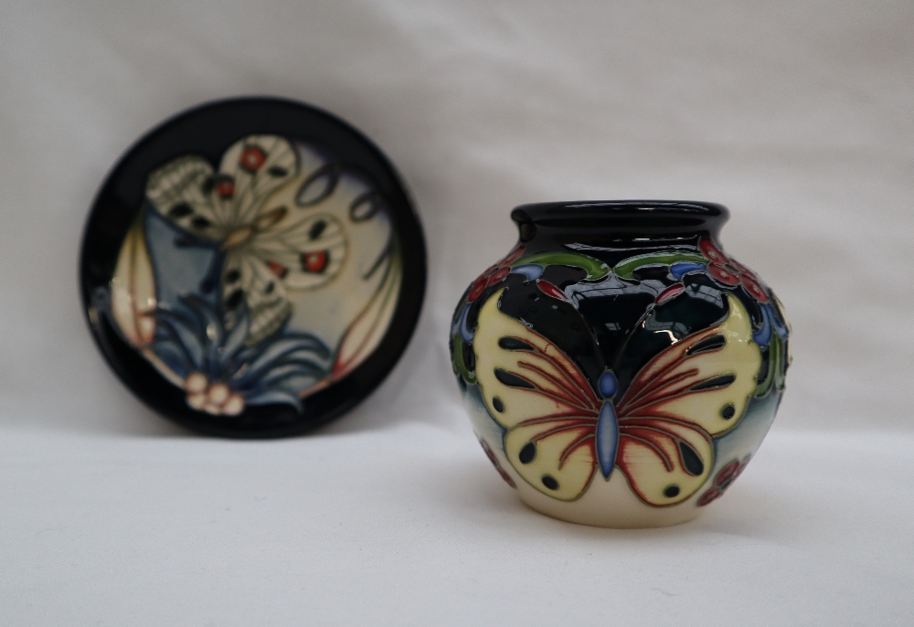 A Moorcroft pottery vase decorated in the Burley Butterfly pattern by Rachel Bishop, impressed mark,