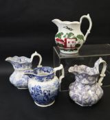 A Swansea pottery blue and white jug "cottage girl" pattern together with three other Swansea