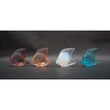 A set of four Lalique glass angel fish, opaque, turquoise, orange and pink,