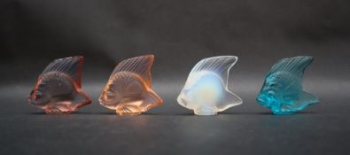 A set of four Lalique glass angel fish, opaque, turquoise, orange and pink,