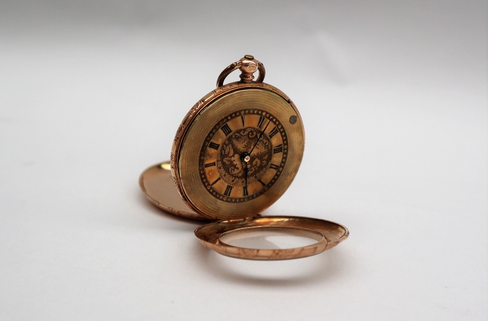 A 14k yellow gold fob watch, the case with a fan design and an initialled shield, - Image 2 of 7