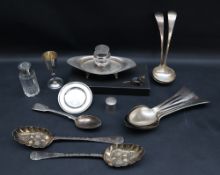 A pair of George III silver berry spoons, London, 1795, together with various silver spoons,