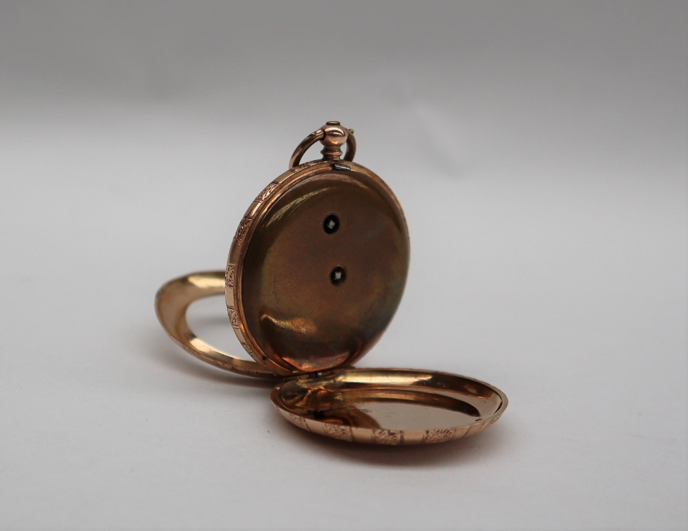 A 14k yellow gold fob watch, the case with a fan design and an initialled shield, - Image 3 of 7