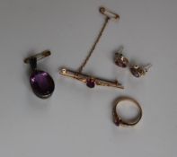 A 9ct gold amethyst set dress ring together with amethyst set earrings and pendant and a bar brooch