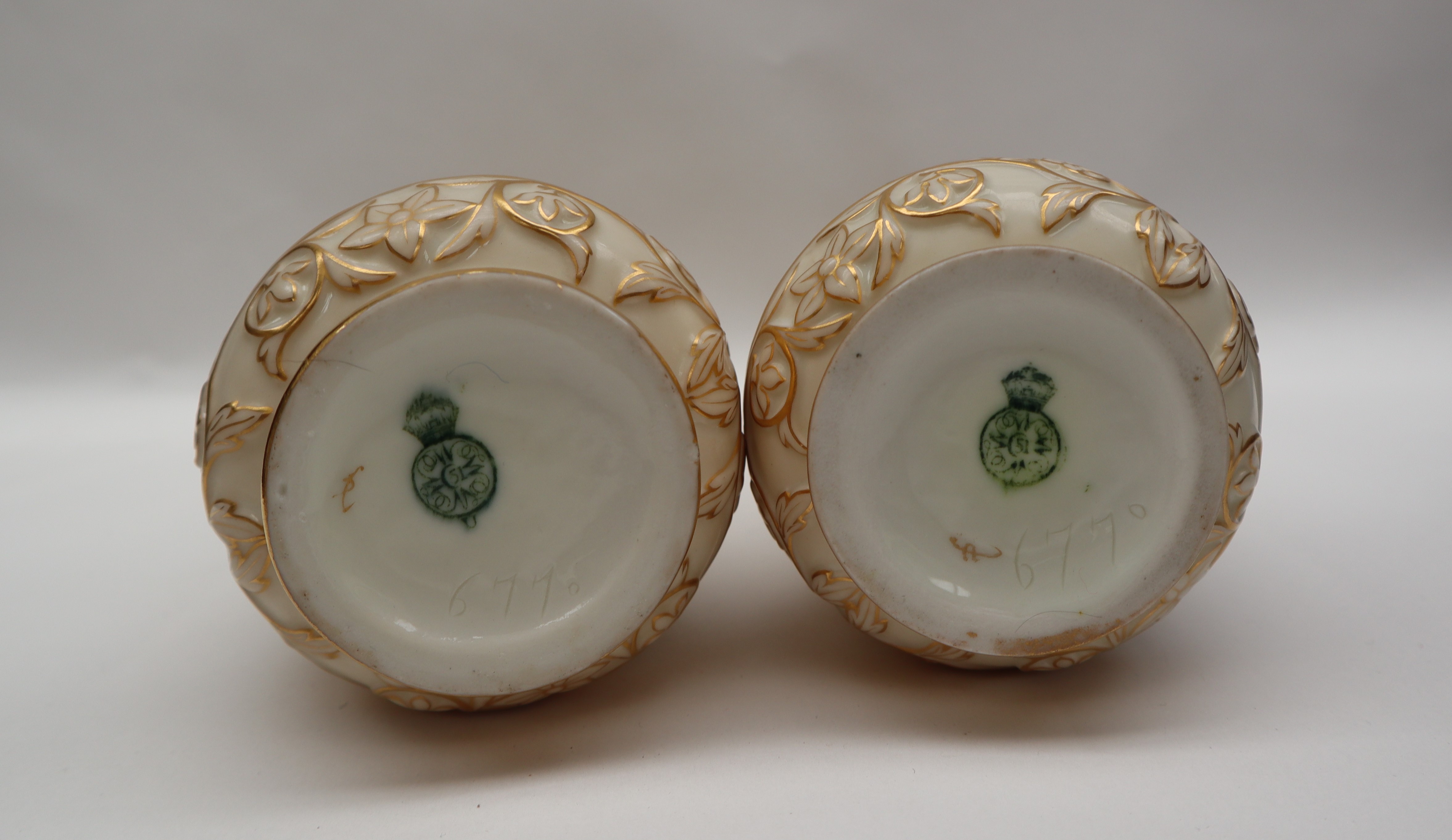 A pair of Royal Worcester porcelain vase with a pierced flared top above a tapering body decorated - Image 6 of 6