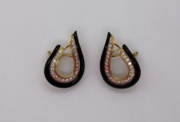 A pair of diamond, onyx and 18ct gold hoop earrings,