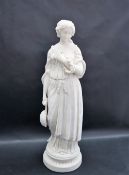 A parian figure of a maiden holding a laurel wreath on her left arm, on a circular base,