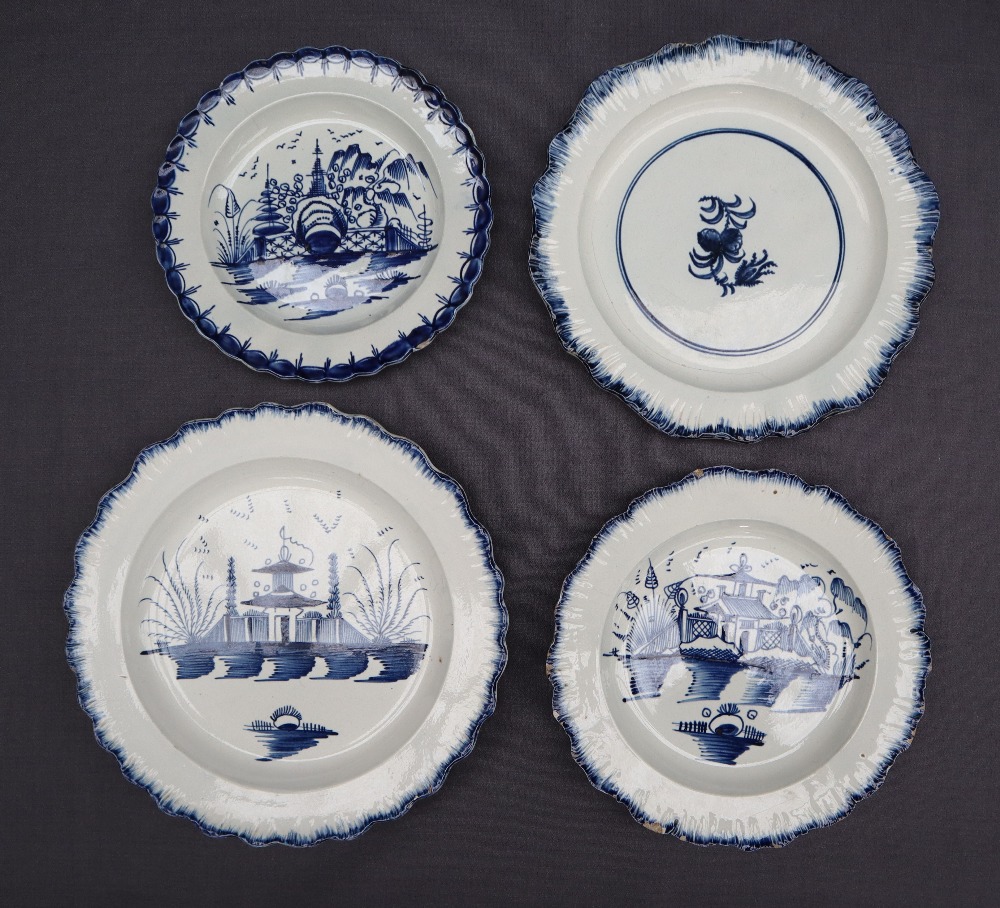 A Swansea pottery plate with painted Chinoiserie decoration together with three feather edge hand