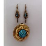 A Victorian yellow metal turquoise set brooch an earrings set,