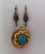 A Victorian yellow metal turquoise set brooch an earrings set,