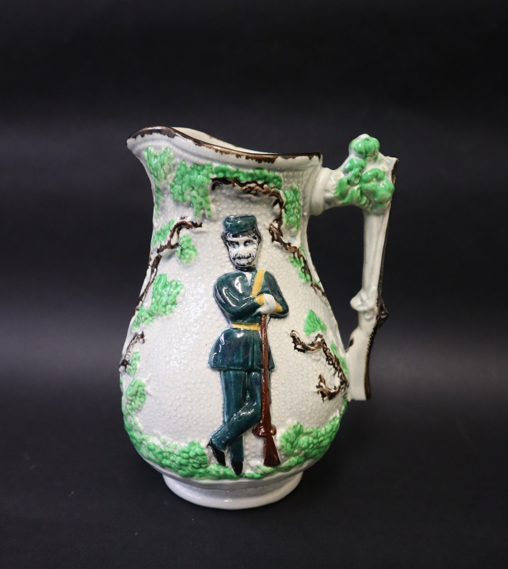 A 19th century Staffordshire relief moulded jug "Crimea"depicting two soldiers on either side each - Image 3 of 7