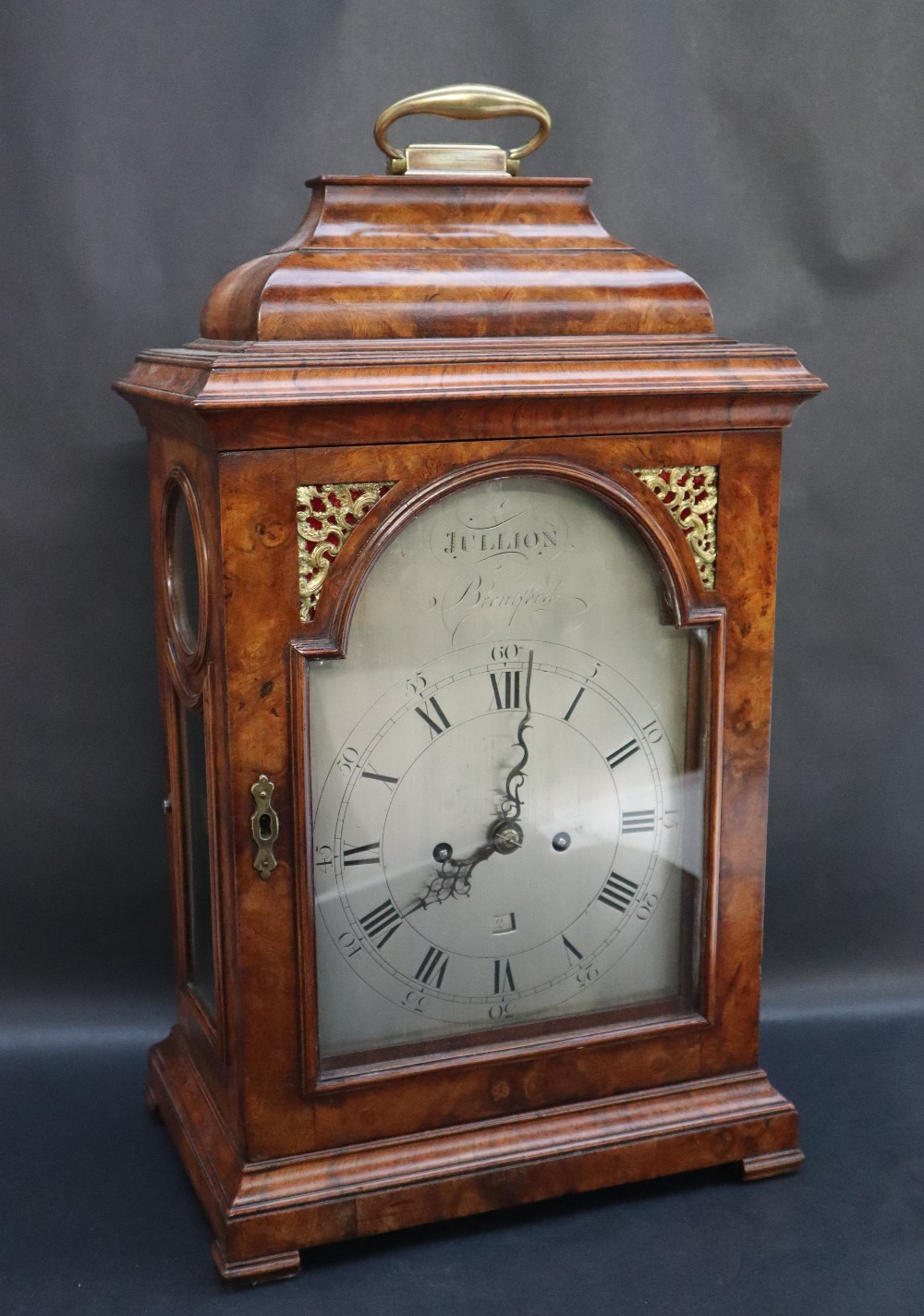 An 18th century walnut cased bracket clock, the silvered dial signed "Jullion,