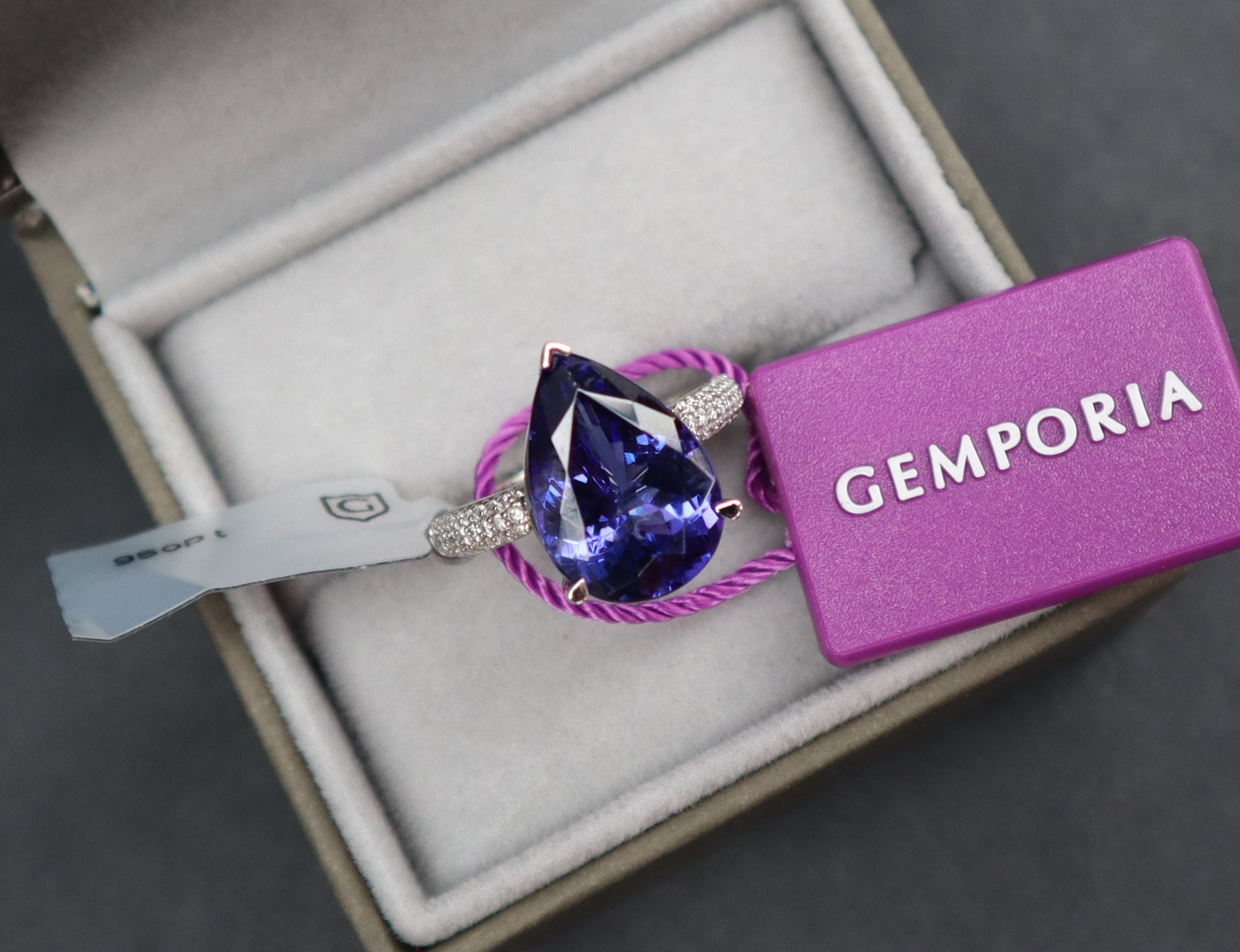 Gemporia - A 7.5cts pear shaped Tanzanite and diamond platinum Lorique ring, size N to O, metal 6. - Image 2 of 5